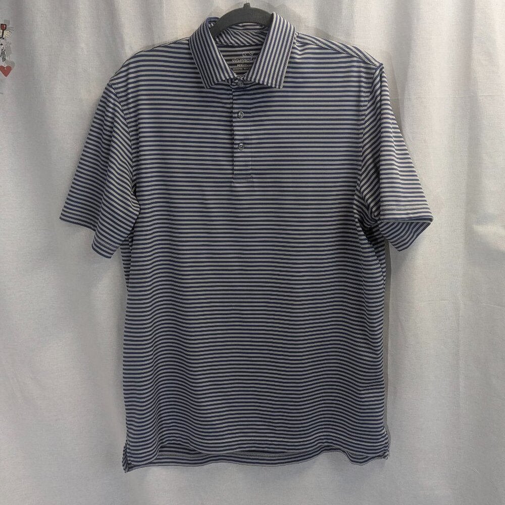 Vineyard Vines Size Medium Gray/Navy Striped Polo Knit Golf Shirt